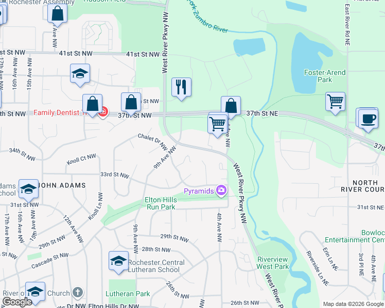 map of restaurants, bars, coffee shops, grocery stores, and more near 22 Elton Ridge Court Northwest in Rochester