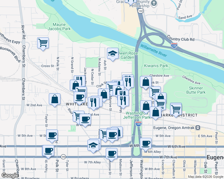 map of restaurants, bars, coffee shops, grocery stores, and more near 65 1/2 Monroe Street in Eugene