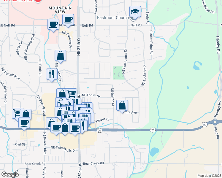 map of restaurants, bars, coffee shops, grocery stores, and more near 3027 Northeast Fairmont Court in Bend