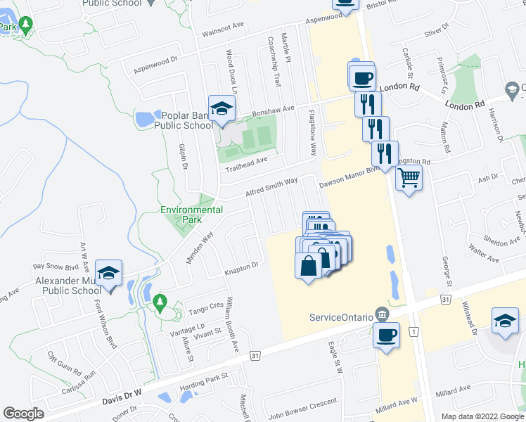 map of restaurants, bars, coffee shops, grocery stores, and more near 71 Gail Parks Crescent in Newmarket