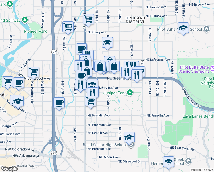 map of restaurants, bars, coffee shops, grocery stores, and more near 472 Northeast Irving Avenue in Bend
