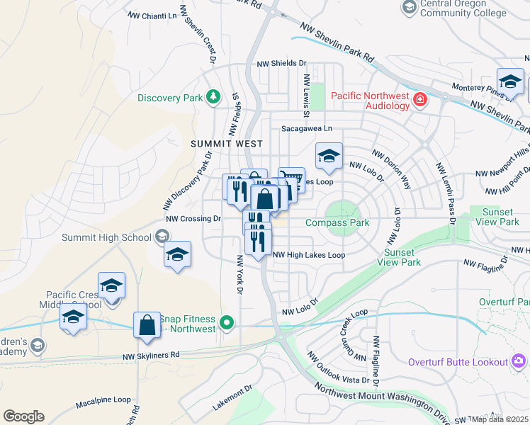 map of restaurants, bars, coffee shops, grocery stores, and more near 2755 Northwest Crossing Drive in Bend