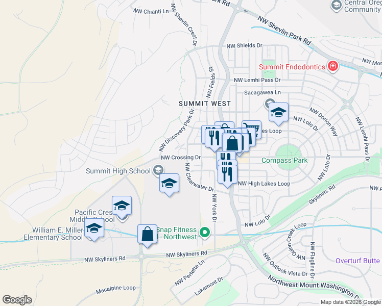 map of restaurants, bars, coffee shops, grocery stores, and more near 3001 Northwest Clearwater Drive in Bend