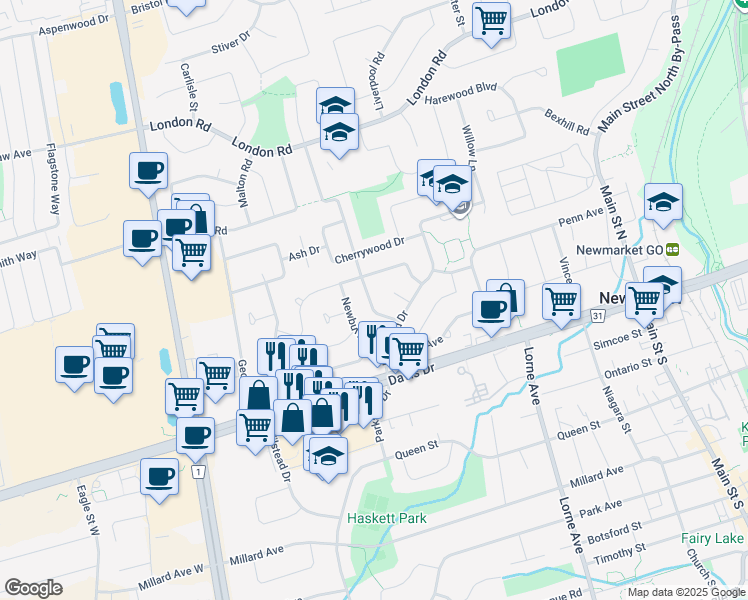 map of restaurants, bars, coffee shops, grocery stores, and more near 69 Harrison Drive in Newmarket