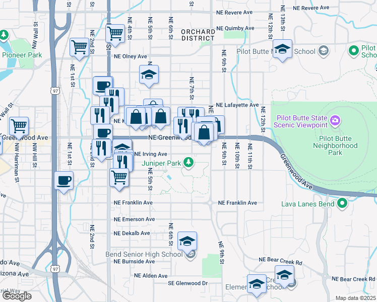 map of restaurants, bars, coffee shops, grocery stores, and more near 661 Northeast Greenwood Avenue in Bend