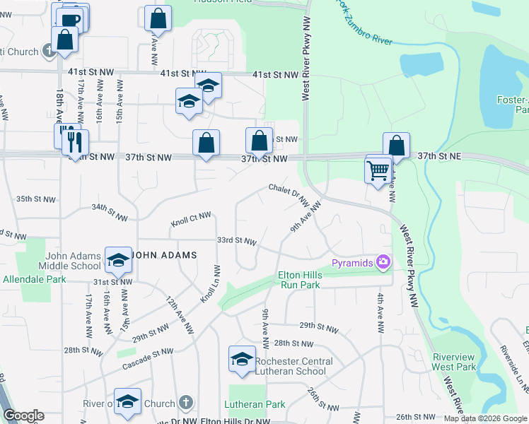 map of restaurants, bars, coffee shops, grocery stores, and more near 3418 Chalet Court Northwest in Rochester
