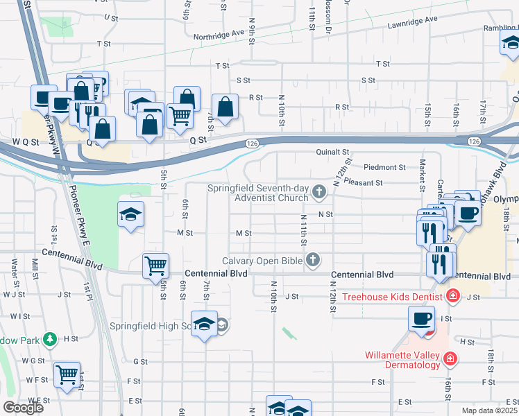 map of restaurants, bars, coffee shops, grocery stores, and more near 925 Olympic Street in Springfield