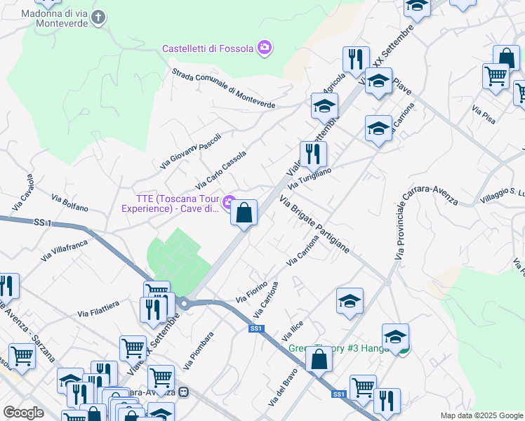 map of restaurants, bars, coffee shops, grocery stores, and more near 143 Viale XX Settembre in Carrara