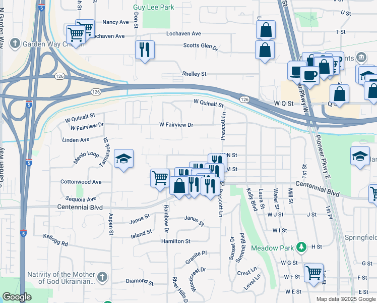 map of restaurants, bars, coffee shops, grocery stores, and more near 738 West N Street in Springfield