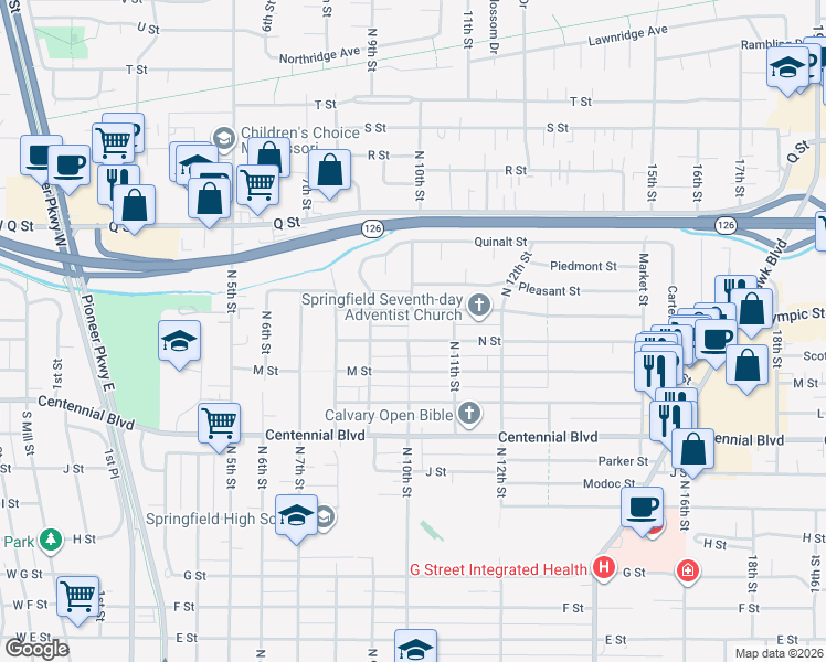 map of restaurants, bars, coffee shops, grocery stores, and more near 1000 N Street in Springfield