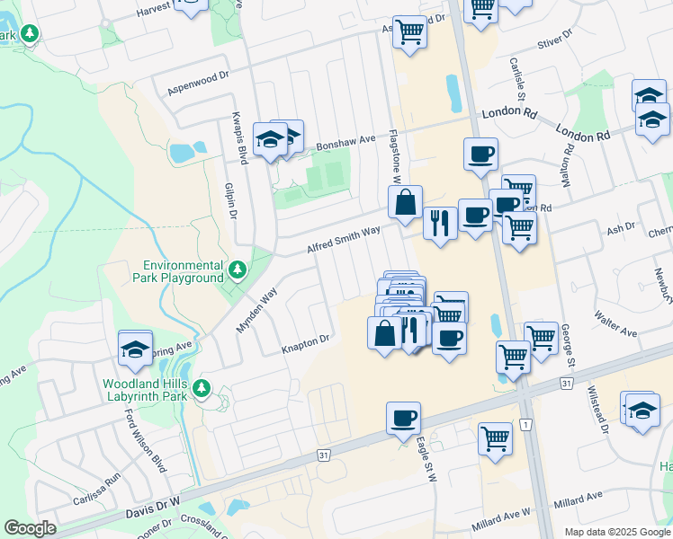 map of restaurants, bars, coffee shops, grocery stores, and more near Gail Parks Crescent in Newmarket