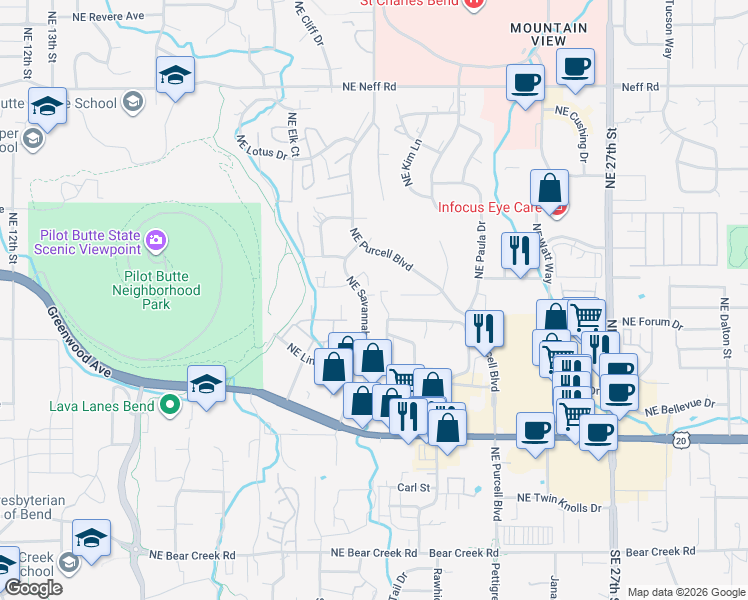 map of restaurants, bars, coffee shops, grocery stores, and more near 808 Northeast Savannah Drive in Bend