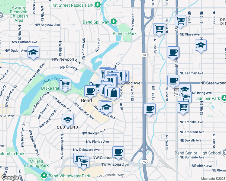 map of restaurants, bars, coffee shops, grocery stores, and more near 1070 Northwest Bond Street in Bend