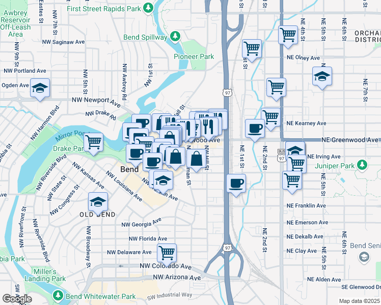 map of restaurants, bars, coffee shops, grocery stores, and more near 121 Northwest Greenwood Avenue in Bend