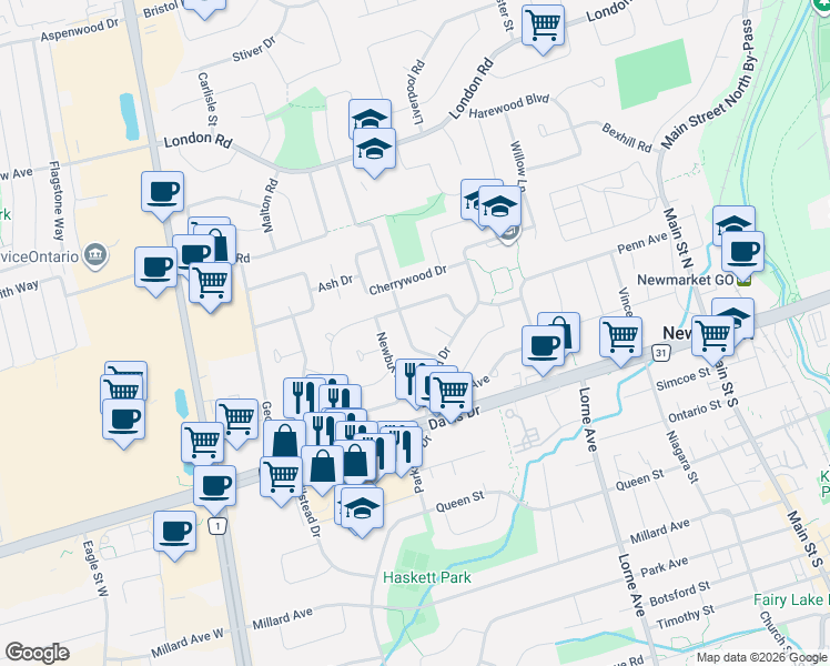 map of restaurants, bars, coffee shops, grocery stores, and more near in Newmarket