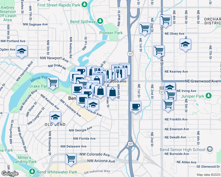 map of restaurants, bars, coffee shops, grocery stores, and more near 121 Northwest Greenwood Avenue in Bend