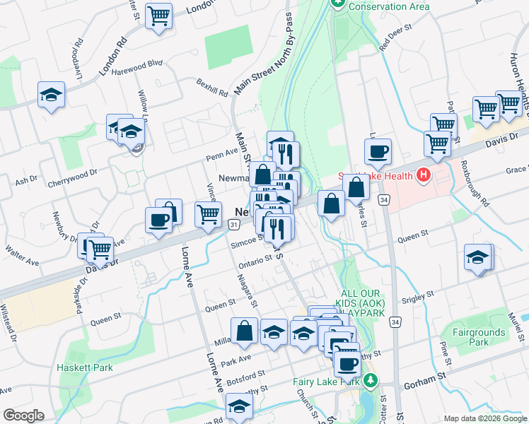 map of restaurants, bars, coffee shops, grocery stores, and more near  in Newmarket