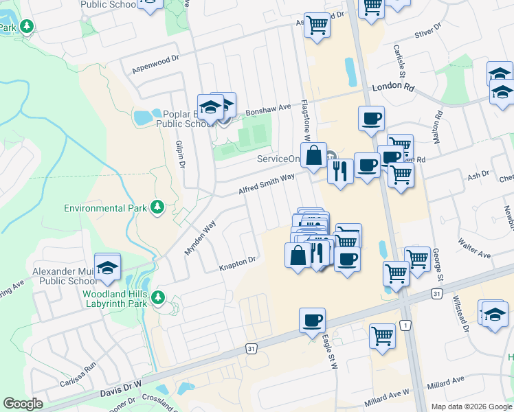 map of restaurants, bars, coffee shops, grocery stores, and more near 69 Gail Parks Crescent in Newmarket