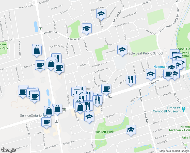 map of restaurants, bars, coffee shops, grocery stores, and more near 75 Newbury Drive in Newmarket