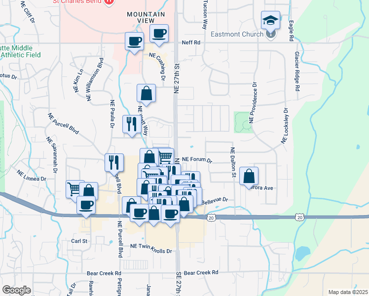 map of restaurants, bars, coffee shops, grocery stores, and more near 850 Northeast 27th Street in Bend