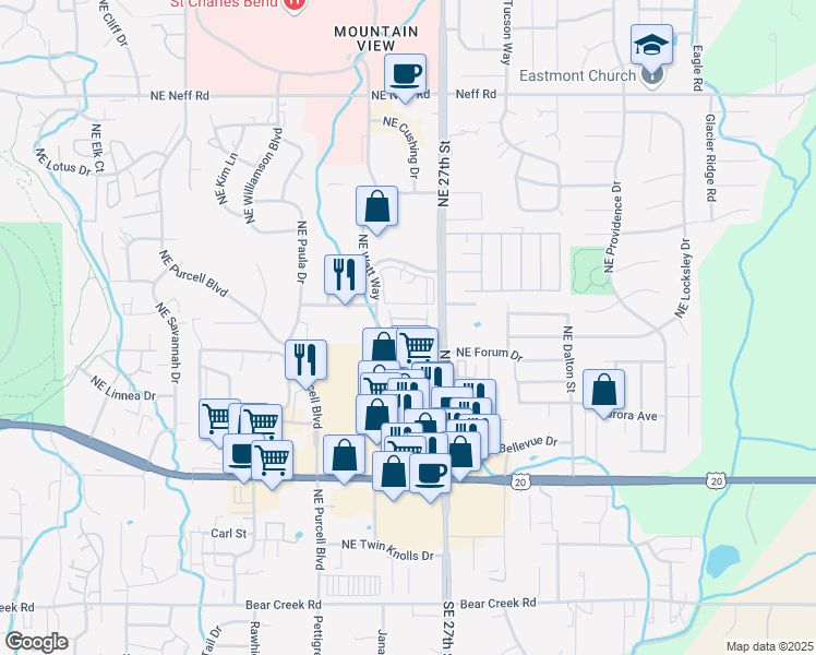 map of restaurants, bars, coffee shops, grocery stores, and more near 2600 Northeast Forum Drive in Bend
