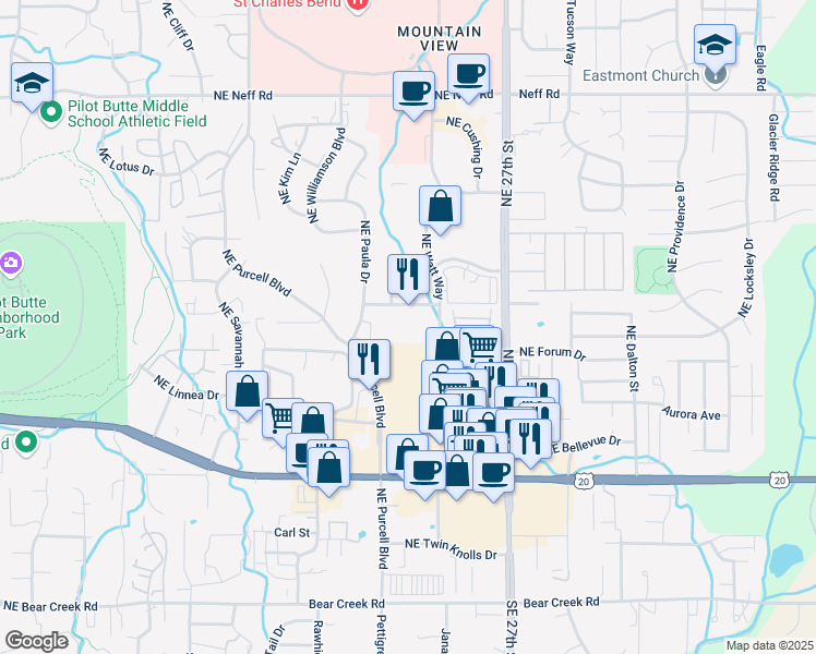 map of restaurants, bars, coffee shops, grocery stores, and more near 825 Northeast Watt Way in Bend