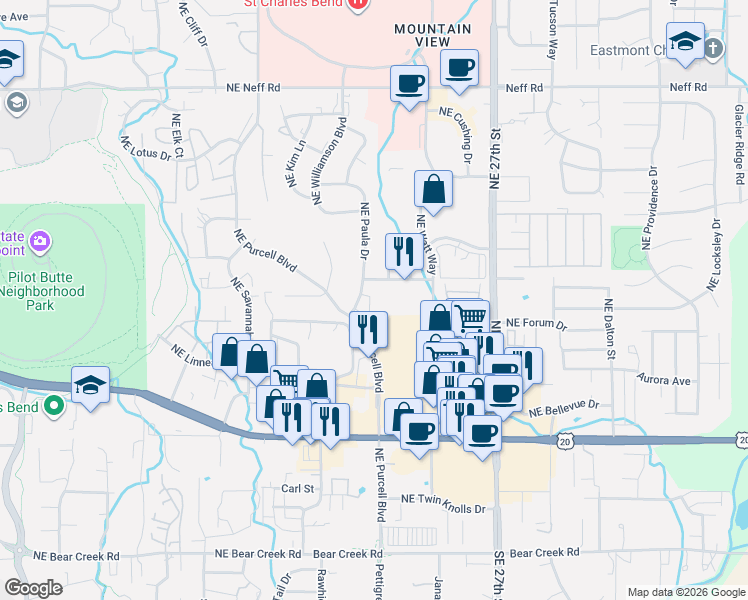 map of restaurants, bars, coffee shops, grocery stores, and more near 984 Northeast Paula Drive in Bend