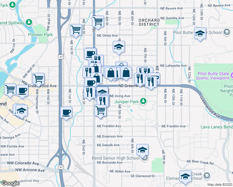 map of restaurants, bars, coffee shops, grocery stores, and more near 477 U.S. 20 in Bend