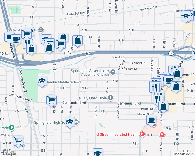 map of restaurants, bars, coffee shops, grocery stores, and more near 1017 Olympic Street in Springfield