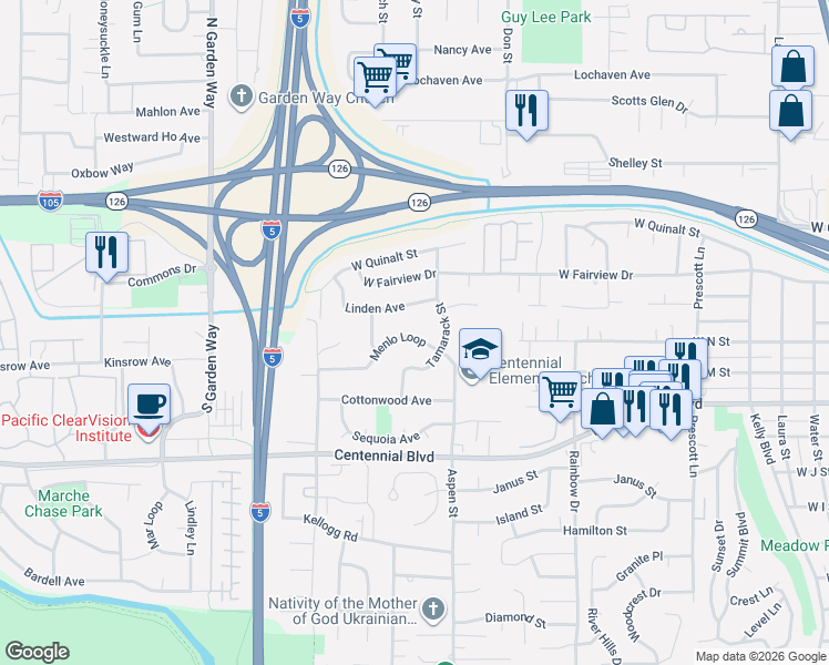 map of restaurants, bars, coffee shops, grocery stores, and more near 1512 Tamarack Street in Springfield