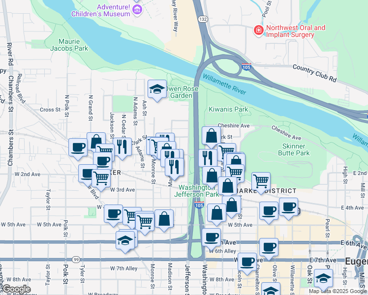 map of restaurants, bars, coffee shops, grocery stores, and more near 36 Jefferson Street in Eugene