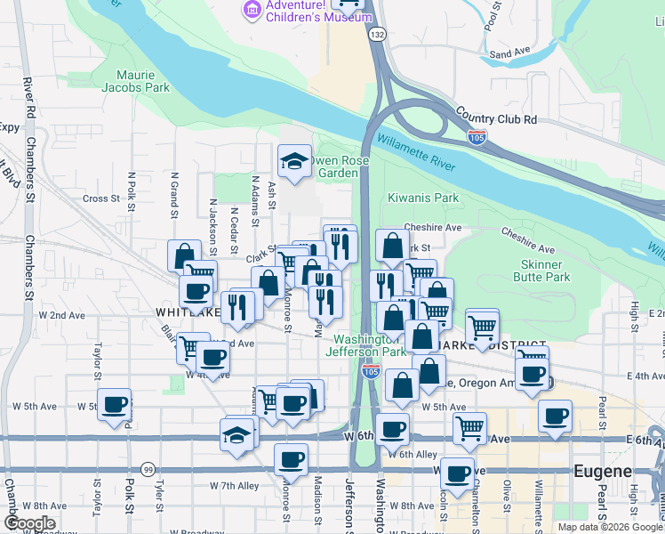 map of restaurants, bars, coffee shops, grocery stores, and more near 36 Jefferson Street in Eugene