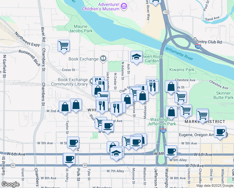 map of restaurants, bars, coffee shops, grocery stores, and more near 16 North Adams Street in Eugene