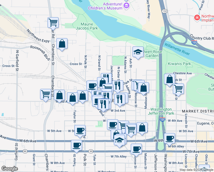 map of restaurants, bars, coffee shops, grocery stores, and more near 10 Van Buren Street in Eugene