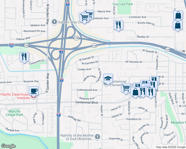 map of restaurants, bars, coffee shops, grocery stores, and more near 1512 Tamarack Street in Springfield