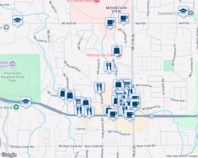 map of restaurants, bars, coffee shops, grocery stores, and more near 984 Northeast Paula Drive in Bend