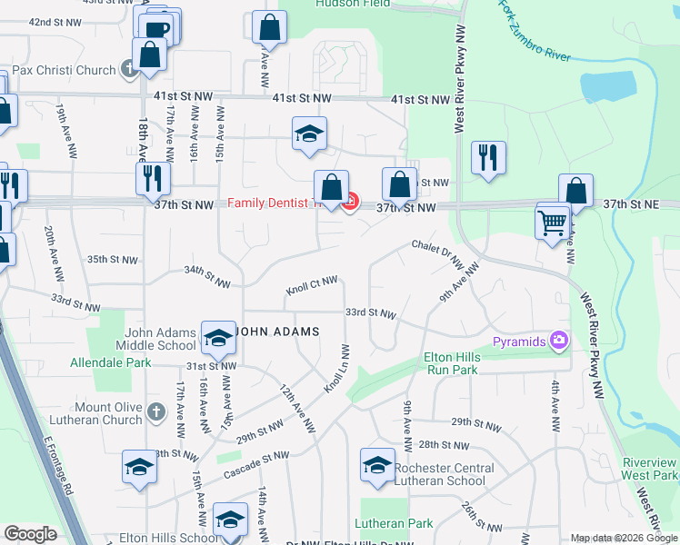 map of restaurants, bars, coffee shops, grocery stores, and more near 1123 Knoll Court Northwest in Rochester