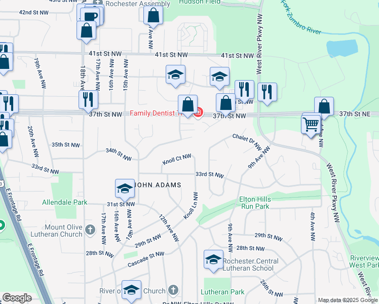 map of restaurants, bars, coffee shops, grocery stores, and more near 1123 Knoll Court Northwest in Rochester