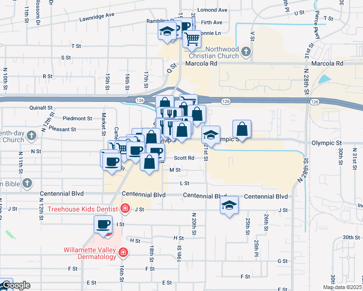 map of restaurants, bars, coffee shops, grocery stores, and more near 1899 Olympic Street in Springfield