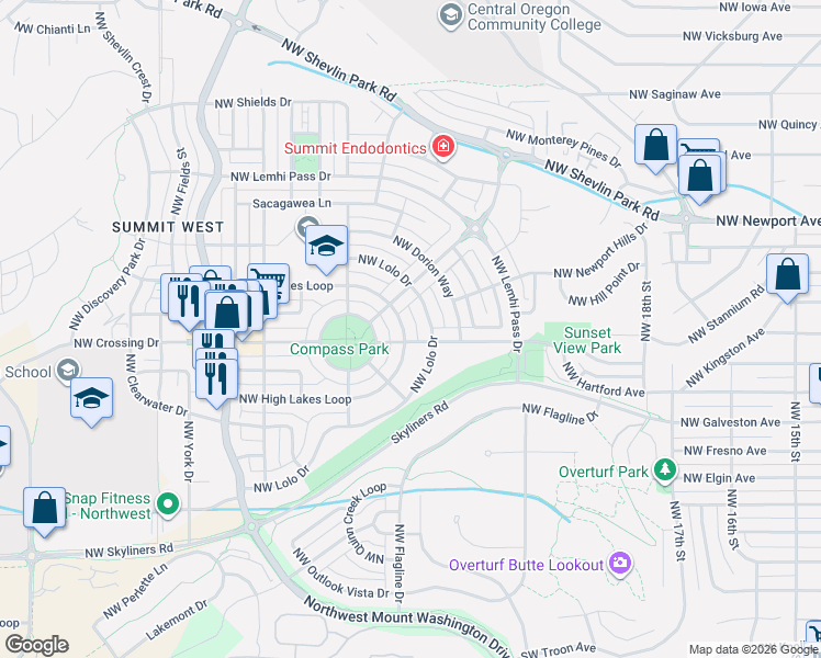 map of restaurants, bars, coffee shops, grocery stores, and more near 2328 Northwest High Lakes Loop in Bend