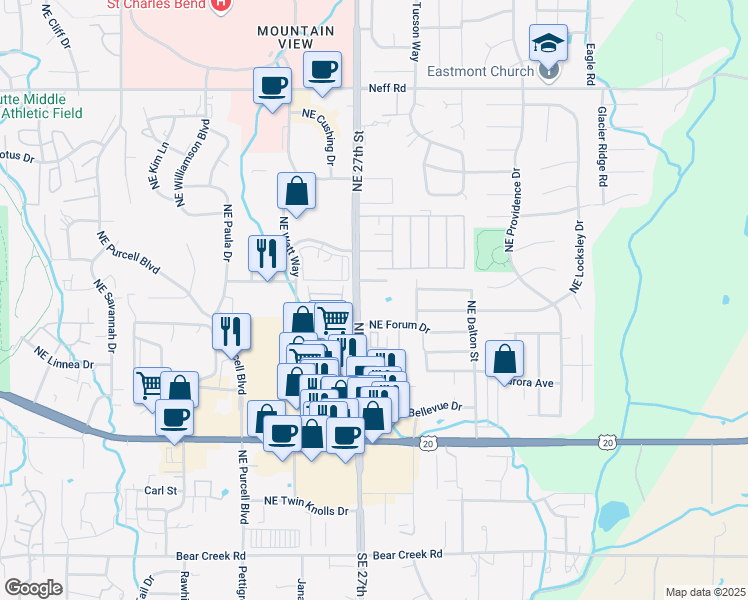 map of restaurants, bars, coffee shops, grocery stores, and more near 850 Northeast 27th Street in Bend