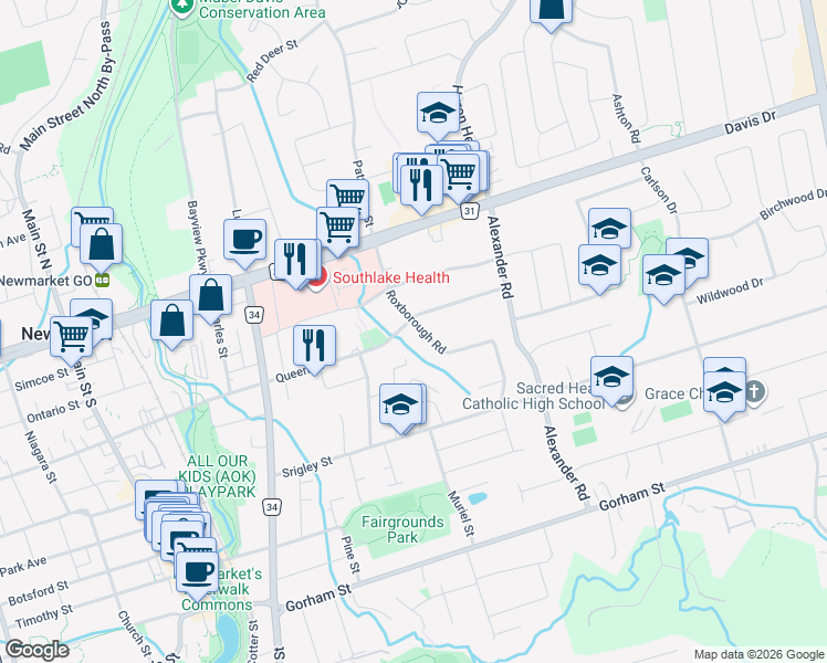map of restaurants, bars, coffee shops, grocery stores, and more near 63 Roxborough Road in Newmarket