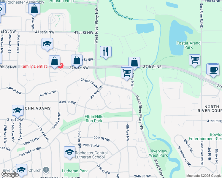 map of restaurants, bars, coffee shops, grocery stores, and more near 22 Elton Ridge Court Northwest in Rochester