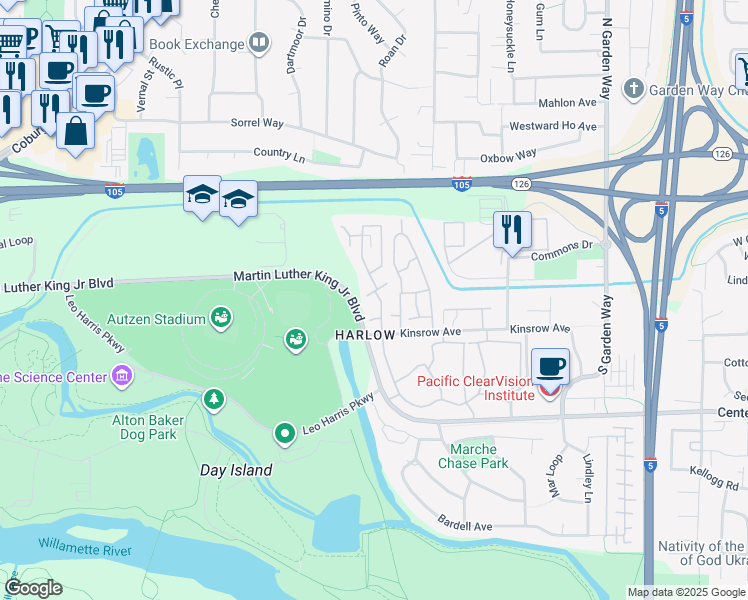 map of restaurants, bars, coffee shops, grocery stores, and more near 3111 Kinsrow Avenue in Eugene
