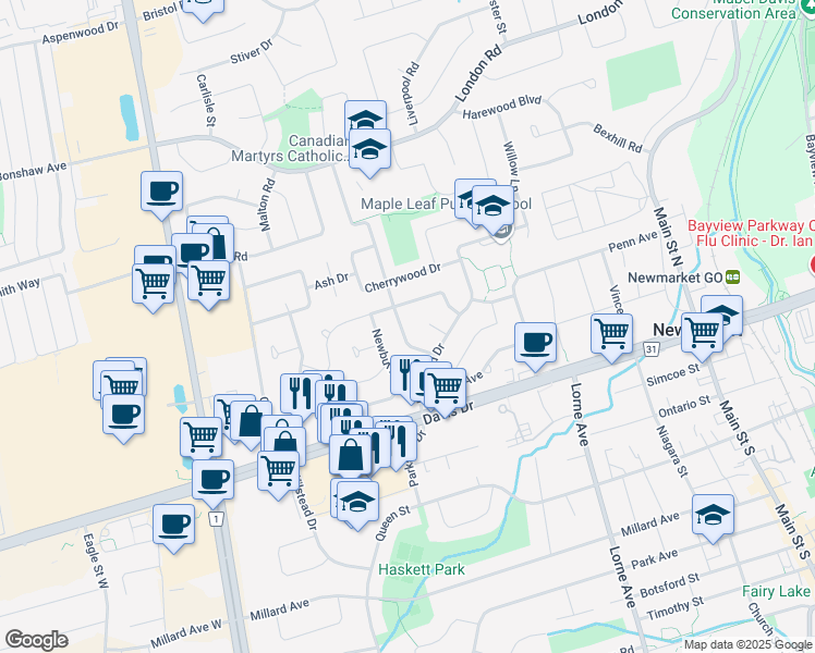 map of restaurants, bars, coffee shops, grocery stores, and more near 71 Harrison Drive in Newmarket