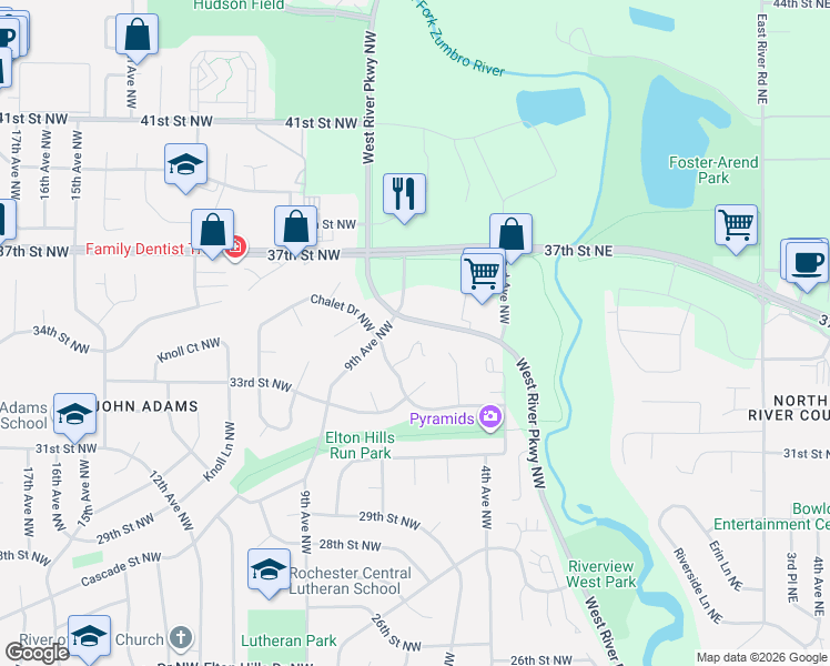 map of restaurants, bars, coffee shops, grocery stores, and more near 22 Elton Ridge Court Northwest in Rochester