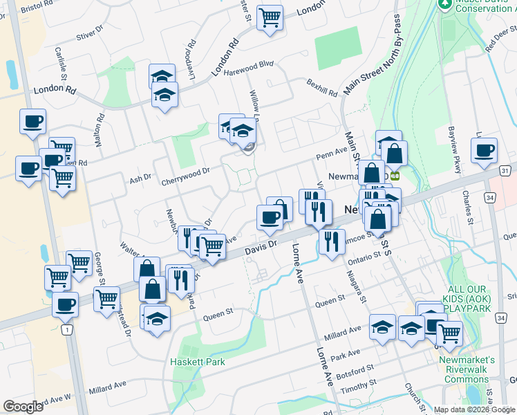 map of restaurants, bars, coffee shops, grocery stores, and more near 255 Penn Avenue in Newmarket