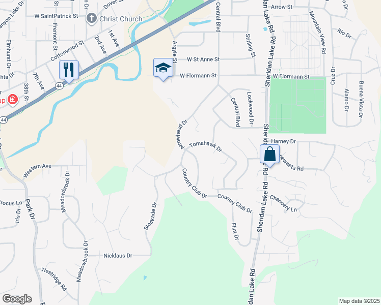map of restaurants, bars, coffee shops, grocery stores, and more near 2711 Arrowhead Drive in Rapid City