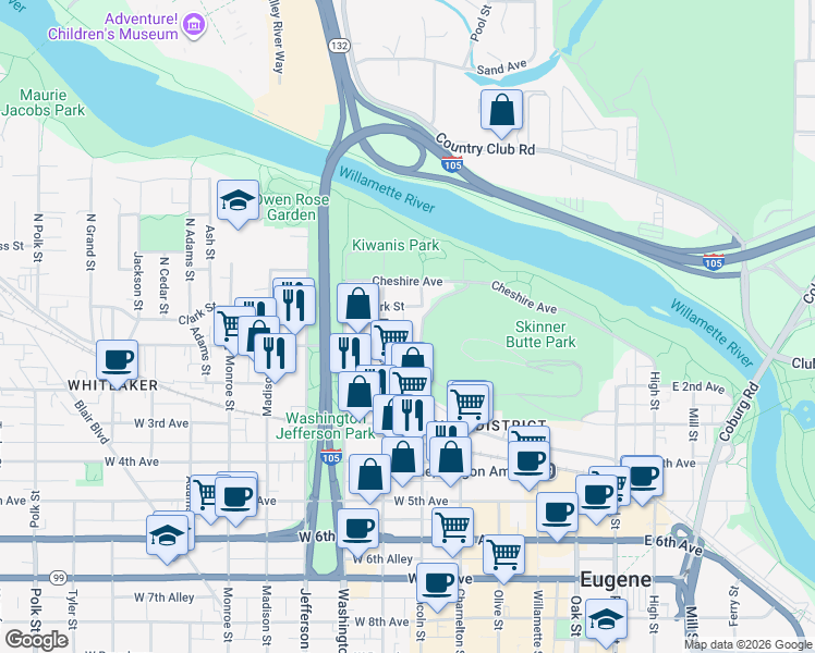 map of restaurants, bars, coffee shops, grocery stores, and more near 59 North Lincoln Alley in Eugene