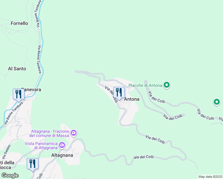 map of restaurants, bars, coffee shops, grocery stores, and more near 1A Via dei Colli in Antona